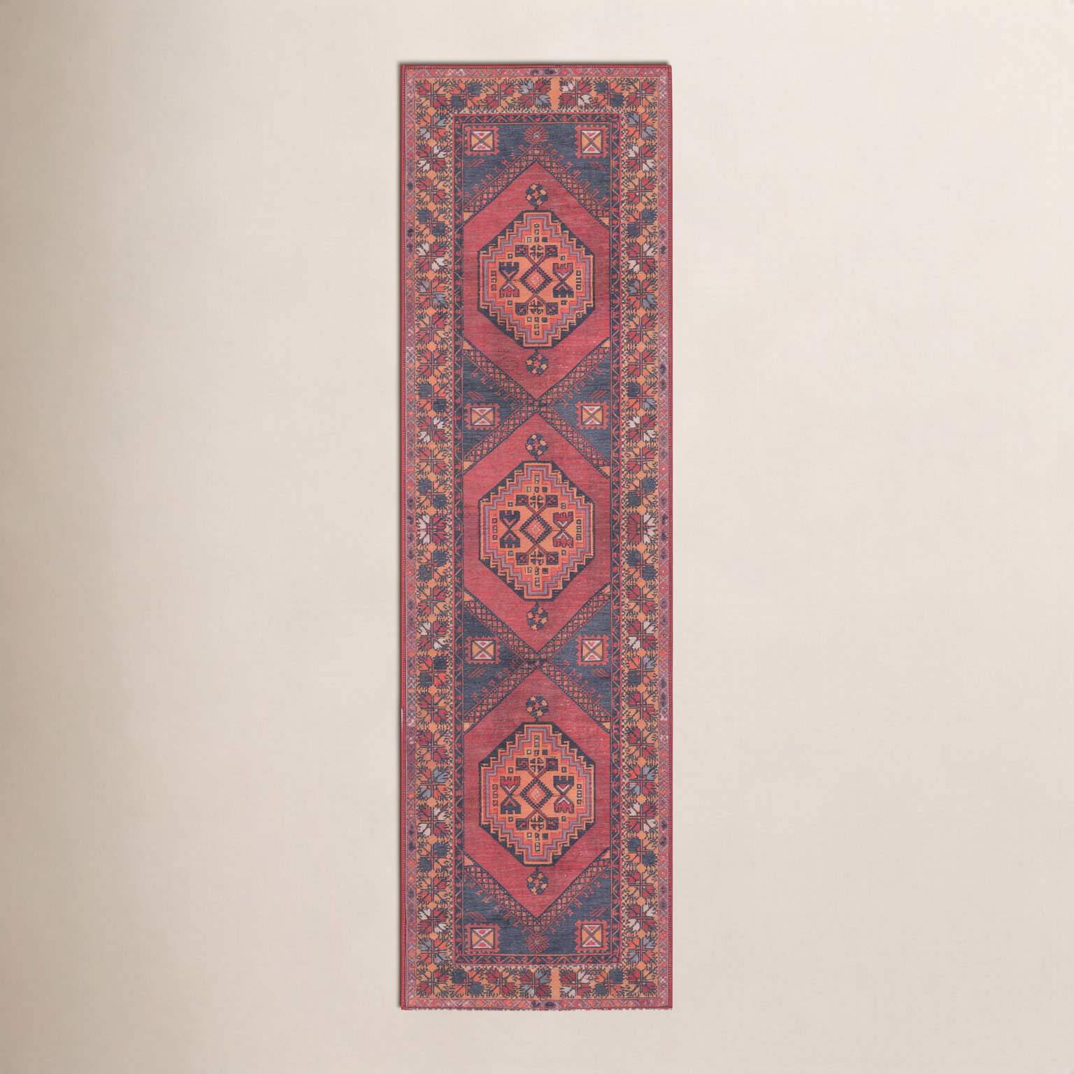 Isthia Red Blue Orange Oriental Rug, Runner 2'3" x 7'6"