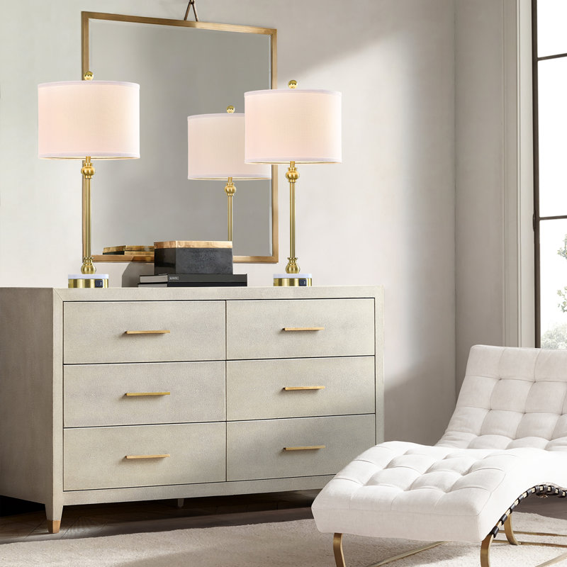28.3" Marble And Metal Table Lamp with Built-in USB & Type-C Port For Living Room/bedroom, Brass Base/White Shade