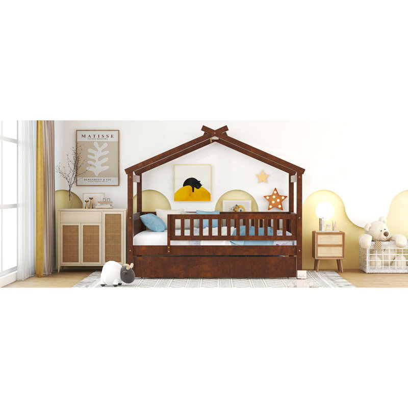 Lit simple en bois avec lit gigogne simple, noyer
