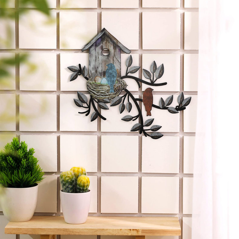 Décoration murale oiseau en métal, art mural feuille d'arbre avec nichoir, Brun