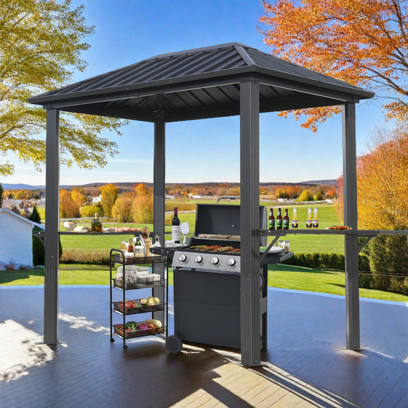 Pavillon de jardin pour barbecue en aluminium avec toit rigide et crochets de 5 pi x 8 pi pour l'extérieur