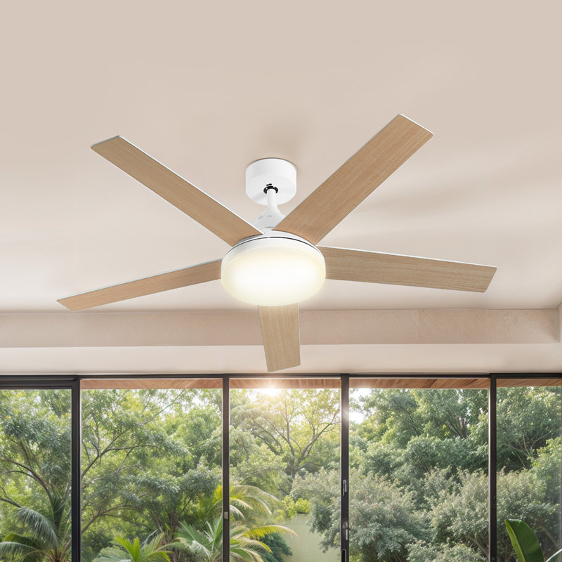  Ventilateur de plafond 5 pales 52 "avec lumière et télécommande, Blanc, Bois naturel