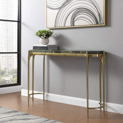 Console en marbre avec plateau en pierre en métal, finition dorée, entrée moderne ou décor de couloir vert 33 po