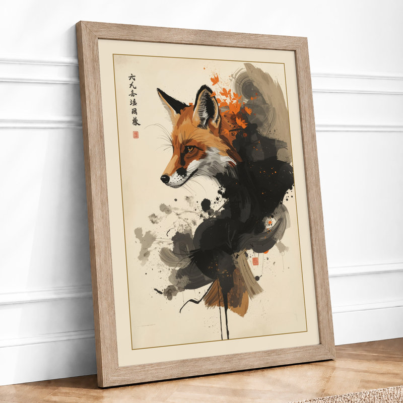 Fox in Ink Japandi - Framed Print, A4 - 29.7 x 21.0 cm, Oak