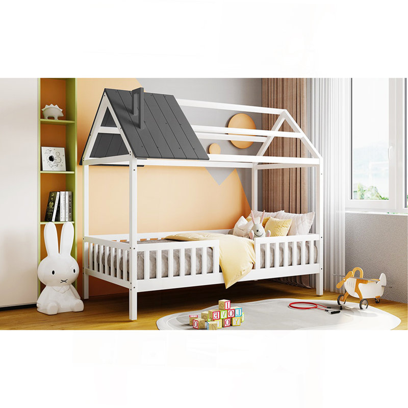Lit simple en bois avec clôture, blanc et gris, Blanc / Gris