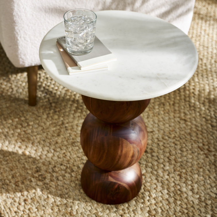 Delcan Solid Acacia Wood & Marble Effect Round Side Table - Rustic Modern Sculptural Design