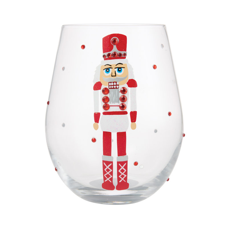 Enesco Lolita Christmas Red White and Nutcracker Hand-Painted Artisan Stemless Wine Glass 20 oz.