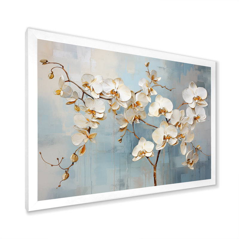 Orchidée beige et or I - impressions sur toile, Cadre photo blanc, H 34 po x l 44 po x P 1,5 po