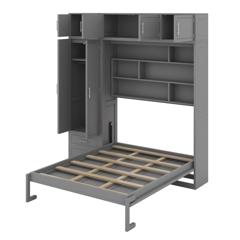 Grand lit escamotable mural avec armoire supérieure, tablettes et garde-robe, Gris