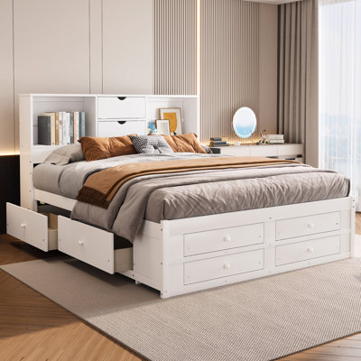 King Size Platform Bed with Storage Headboard and 8 Drawers, Storage Bed Frame, White