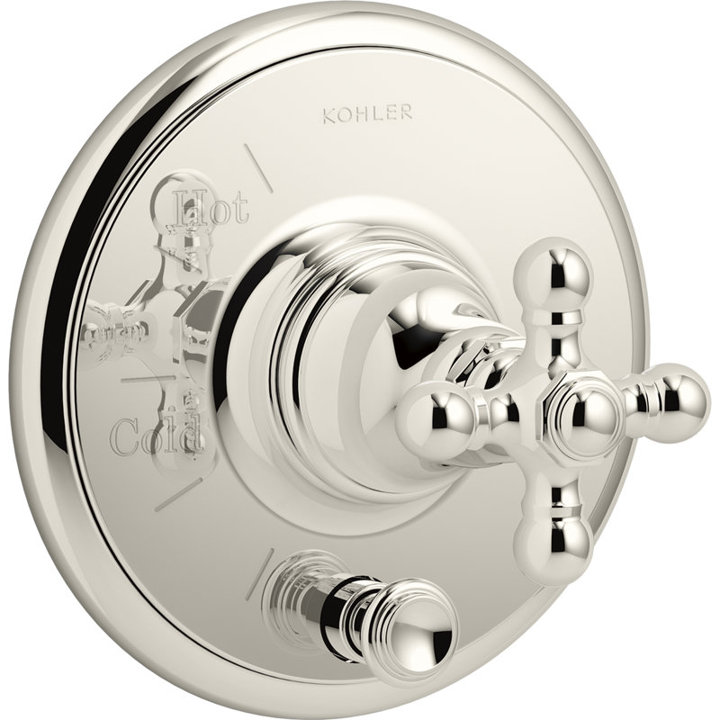 Kohler Artifacts Rite-Temp Valve Trim with Push-Button Diverter and Cross Handle, Vibrant Polished Nickel
