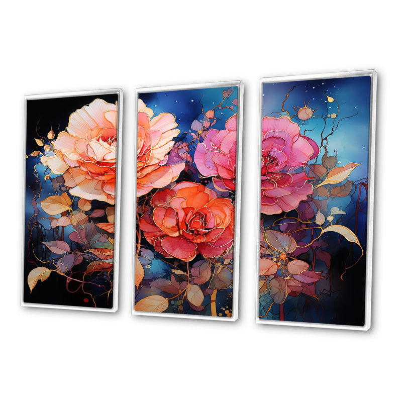 Ensemble d'art mural Coral Roses Gilded Opulence I - Roses, H 28 po x l 36 po x P 1 po, Cadre flottant blanc