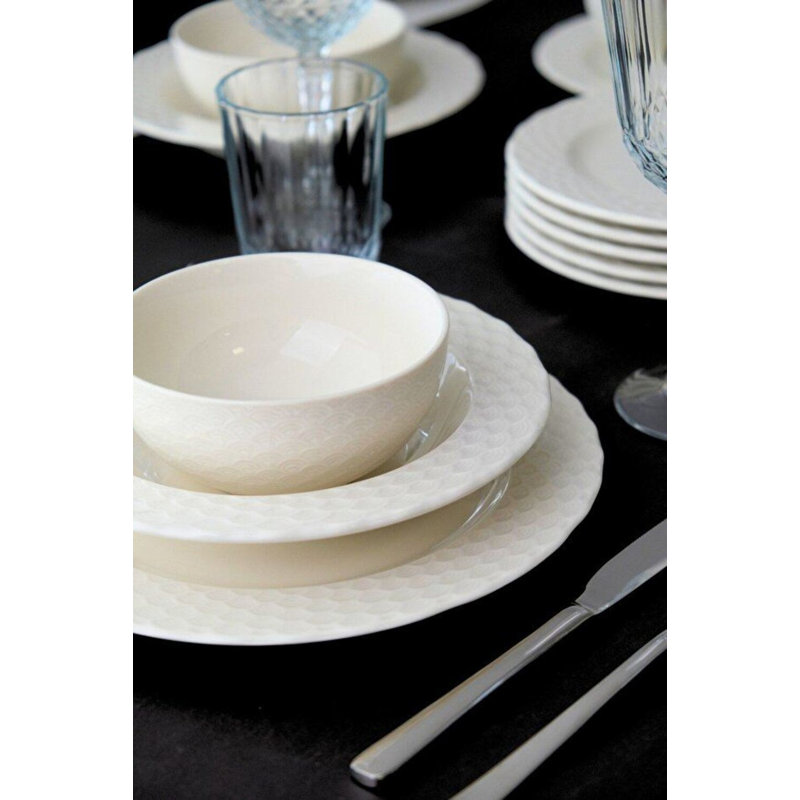 Elegant 24-Piece Dinner Set, 100% Porcelain | Includes 6 Service Plates (9.8 x 9.8 x 1.0 in), 6 Plates (8.3 x 8.3 x 1.2 in), 6 Bowls (5.9 x 5.9 x 1.8 in), 6 Dessert Plates (8.7 x 8.7 x 1.0 in) | Dishwasher Safe up to 122°F, Perfect for Stylish Dining