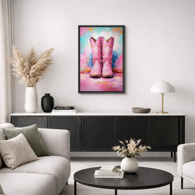 Pink Floral Cowboy Boots Western Style Artwork, Girly Cowgirl Bedroom Pictures, Framed Canvas Giclee Print Wall Art
