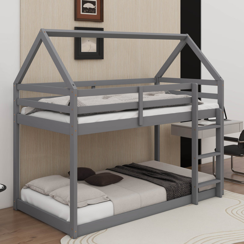 Lit superposé simple au-dessus de simple Arja, structure de lit en bois d'hévéa, Gris