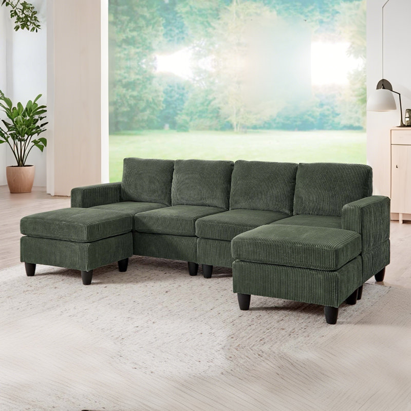 Canapé modulaire surdimensionné en forme de U de 101 po en velours côtelé modulaire avec repose-pieds mobile, Vert