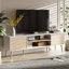 Meuble télé pour téléviseur de 70 po, centre de divertissement avec rangement, console média à 2 armoires, pieds en bois, salon, mobilier de chambre à coucher, blanc et chêne