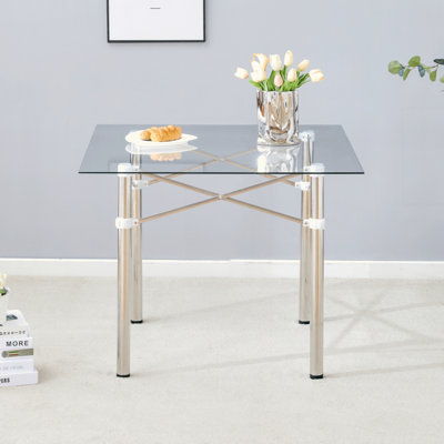 Elegant Expandable Square Glass Table Clear Tempered Glass, Silver Metal Legs.Telescopic Metal Legs, Transparent Square Glass Tabletop, Suction Cup Attachment Connection.