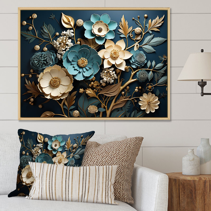 Bleu et or, charmante fleur printanière élégance I - Fleurs, art mural, Cadre flottant blanc, H 24 po x l 32 po x P 1 po