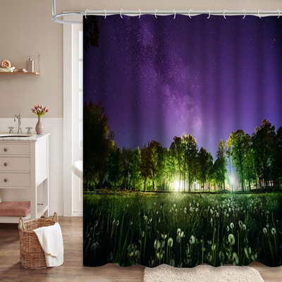 Green Trees Woods Park Starry Night Sky Shower Curtain with 12 Hooks