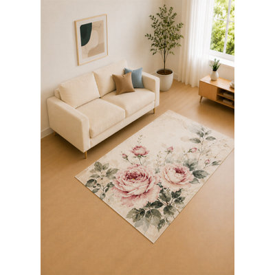 Tapis « ultra-léger » 152 x 213 cm, rose pâle et ivoire, motif pivoines vintage, idéal pour le salon. Moquette douce à poils courts avec envers antidérapant en silicone, parfaite pour la chambre à coucher et le bureau.