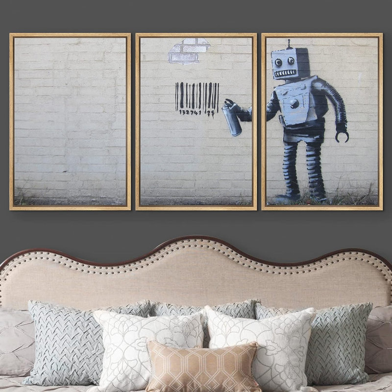 «Robot Graffiti Banksy in Street», reproduction d'art sur toile tendue, H 24 po x l 48 po, Cadre naturel flottant