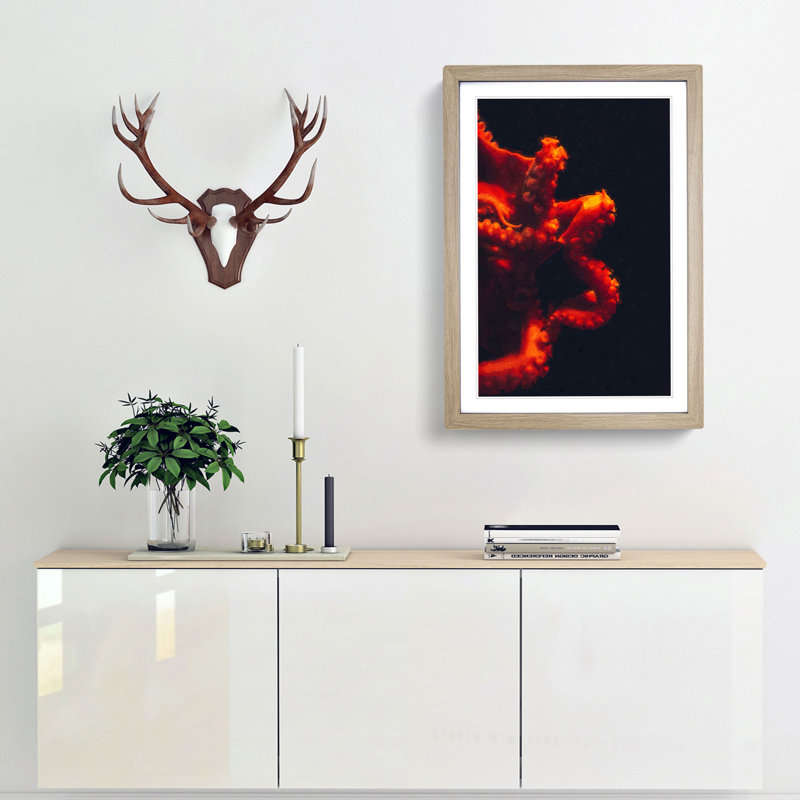 Red Octopus - Picture Frame Graphic Art Print, 36cm H x 27cm W x 2cm D, Oak Framed