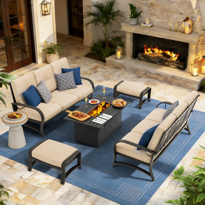 Patio Conversation Sofa Seating Group With Fire Pit Table, Ottomans And Sunbrella® Cushions