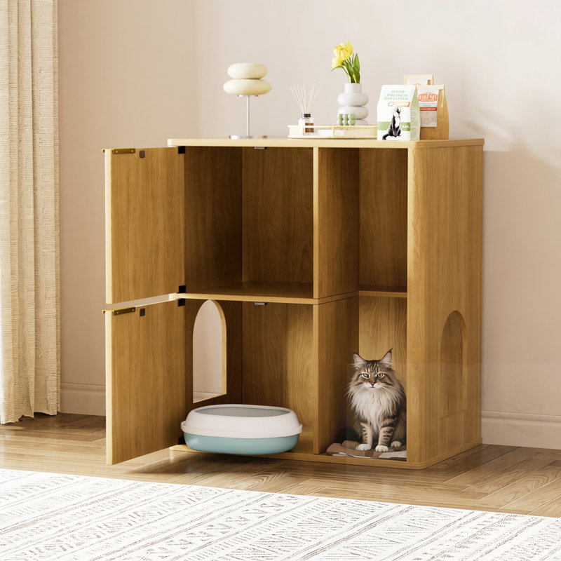 Litière pour chat avec arbre à chat et tablettes de rangement, Brun