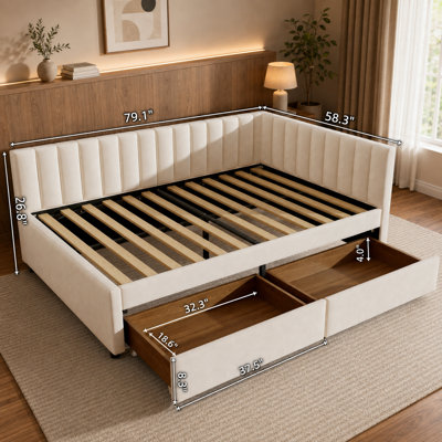 Structure de lit d'angle en velours beige, tête de lit en forme de L, canapé-lit de rangement pleine grandeur, convient au salon ou à la chambre d'amis.