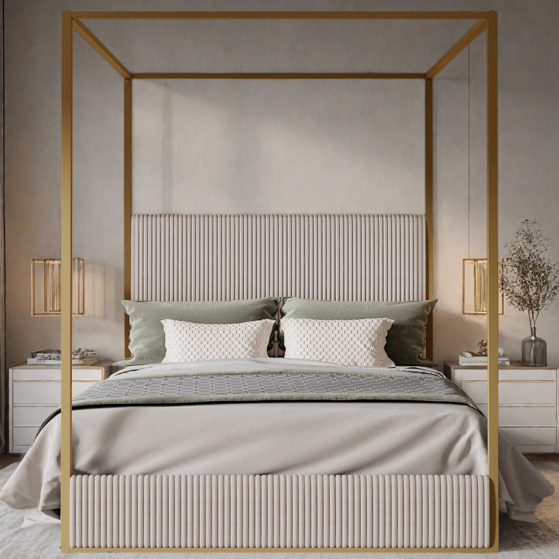 Upholstered Metal Canopy Bed, Beige/Gold, King