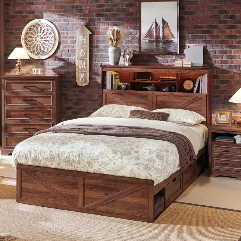 Farmhouse Platform Bed with Storage and Headboard, Wood Platform Bed Frame with Charging Station and Drawers, No Box Spring Needed