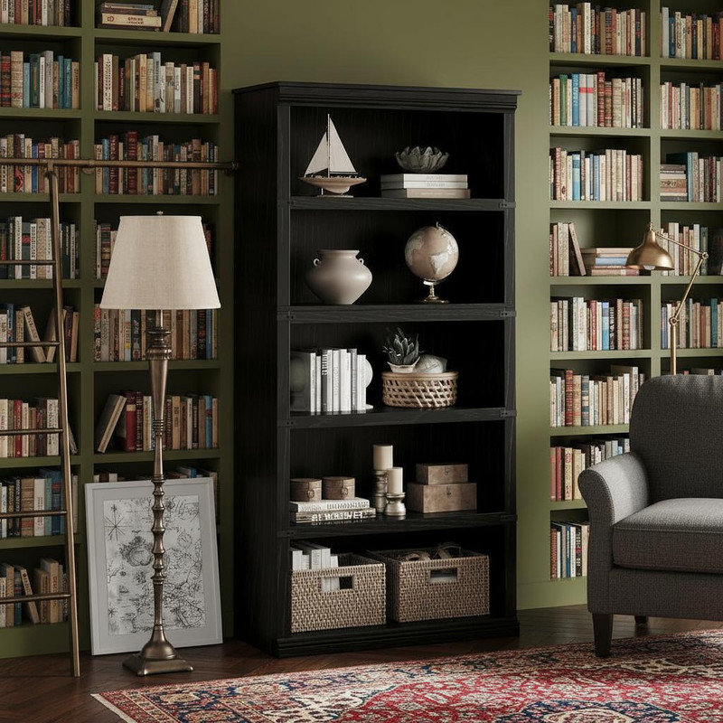 79.76 cm W Solid Wood Bookcase, (5 Shelves) 171.2 cm H x 79.8 cm W x 32.3 cm D, Black