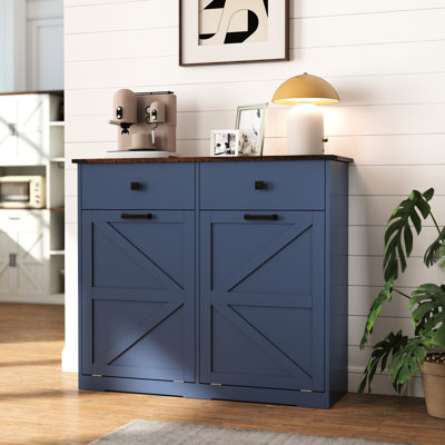 Armoire à ordures inclinable bleue pour bacs de 2 x 10 gallons, cuisine compacte et stable, porte de grange avec finition élégante 20, 2 tiroirs cachés dans l'espace, stable, matériau en bois d'ingénierie