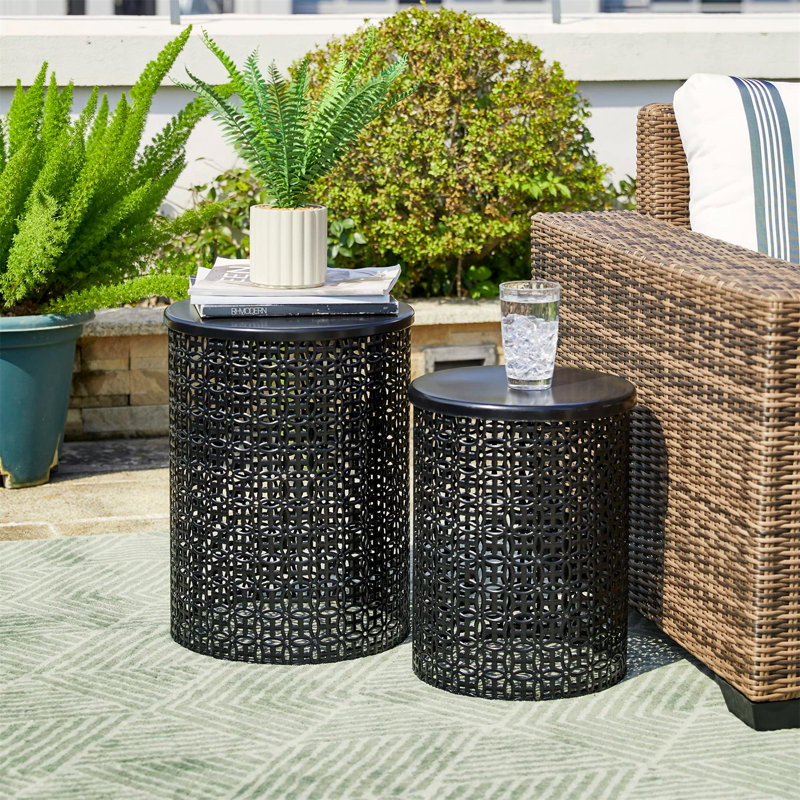 Set of 2 Garden Side Tables - Heavy Duty Metal Frame Stools, Glossy Black