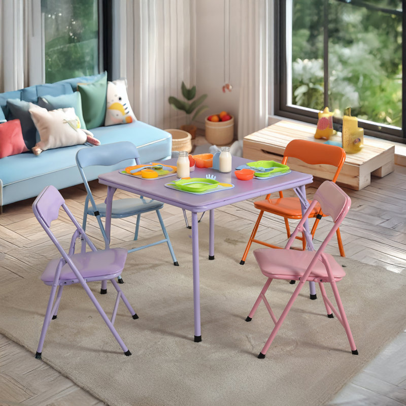 5 Pieces Colourful Folding Set Table and Chair for Kids with Durable Metal Frame and Easy-Clean Plastic for Daycare Classrooms and Playrooms