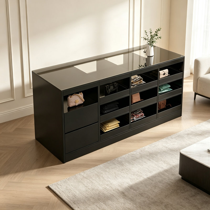 Armoire pour îlot de présentation en verre avec plusieurs tablettes ouvertes, armoire de rangement moderne pour la décoration intérieure et les objets de collection