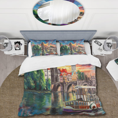 City View of Prague By Sunset - Ensemble de housse de couette Art pour enfants - Microfibre de polyester