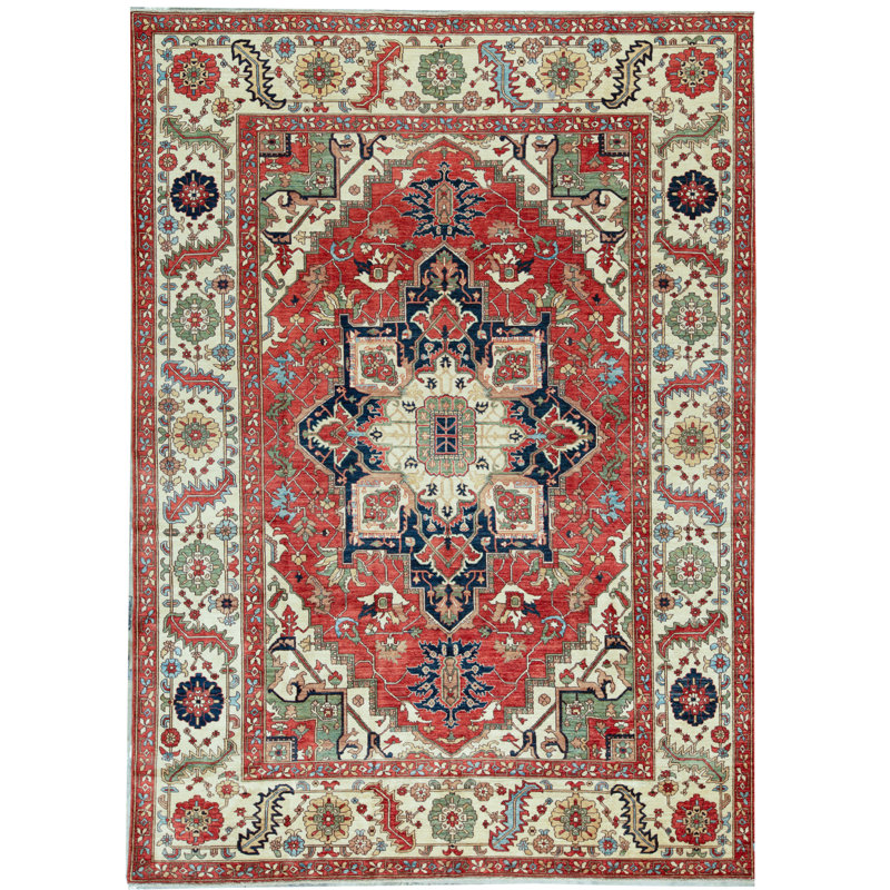 Tapis rouge / ivoire / bleu marine noué à la main