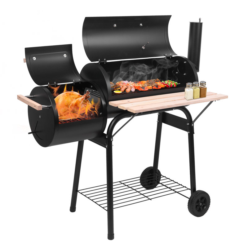 44.1" Oil Drum Style Charcoal Bbq Grill, 12" Main & Side Chamber Portable Smoker With Wooden Shelf For Outdoor Garden Patio Cooking
