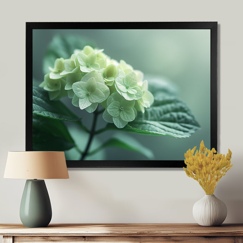 «Tropical», hortensia monochrome vert photo II - hortensia, art mural, Encadrement argenté, H 16 po x l 32 po