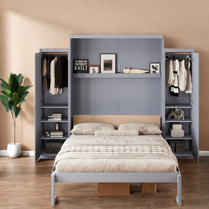 Grand lit escamotable peu encombrant, design moderne en bois gris pour la maison