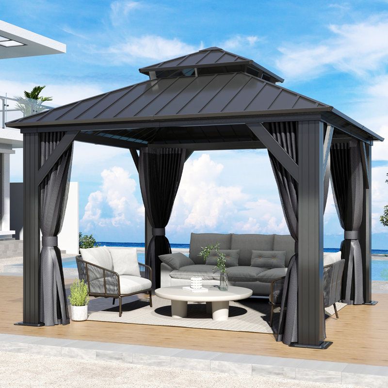 10 ft x 10 ft Black Aluminum Frame Gazebo with Curtains and Netting