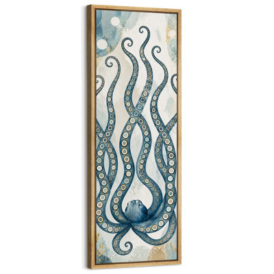 Blue Coastal Octopus Tentacle Sea Life Nautical Wall Decor Artwork - Large Framed Canvas Master Bedroom Wall