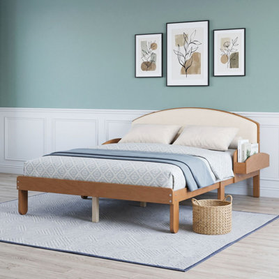 Wood Platform Bed Frame with Upholstered Curved Headboard, Arched Legs, and Side Shelves
