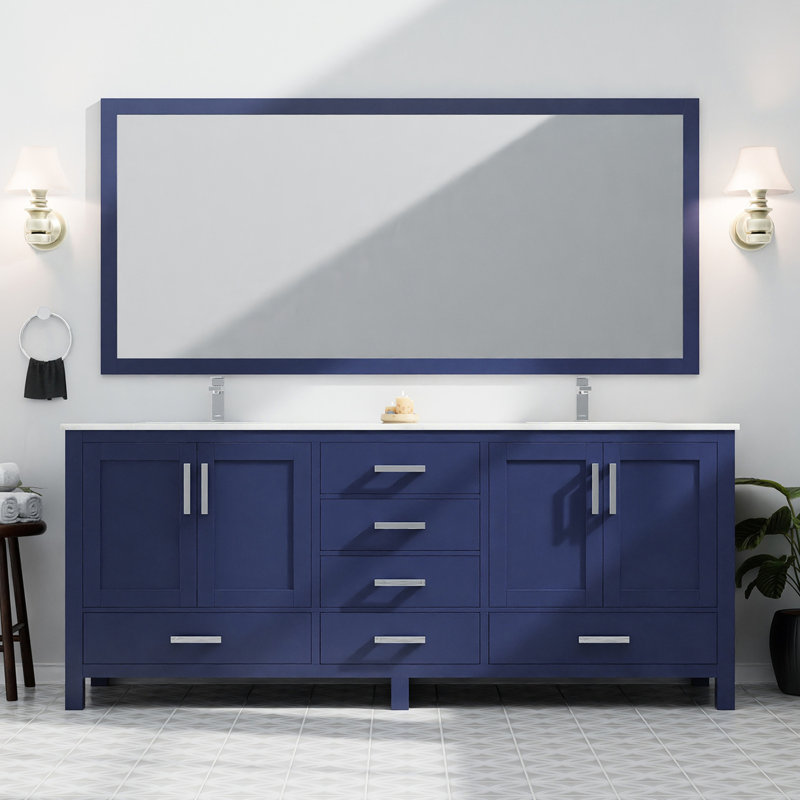 Meuble-lavabo double bleu marine l 80 po x P 22 po - comptoir en marbre, bois massif, fermeture en douceur et égratignure et teinture, 2 armoires, 6 tablettes ouvertes pour un rangement sophistiqué avec structure en bois, surface, beaucoup
