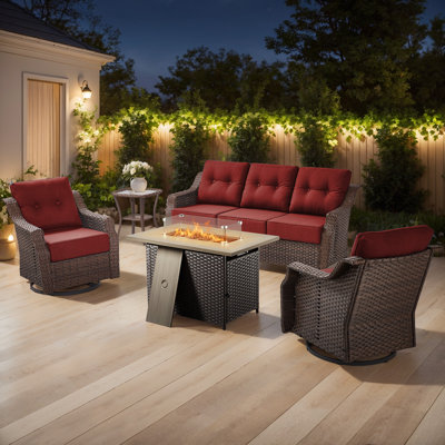 Sami 5-Piece Wicker Patio Furniture Set With Fire Pit Table, 6-Inch Ultra Thick Cushioned 360° Swivel Glider Chairs by Lark Manor