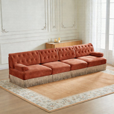 135.6" Oversized Velvet Chesterfield Sofa, Button Tufted Modular Sectional Couch With Tassel Fringe Skirt, Luxury Vintage Style Sofa