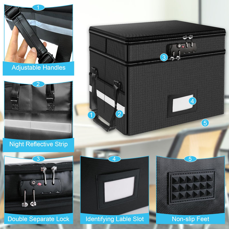 Fireproof Document Box With Lock, 2 Layer Fire Proof File Box For Documents With Handle, Portable Home Office Fire Safe Document Box For Hanging Letter/Legal Folder/Certificate