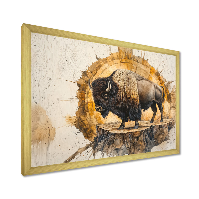 Portrait de bison américain Mareda sur glissade sur bois - décoration murale bison, Cadre simple, H 12 po x l 20 po, Doré
